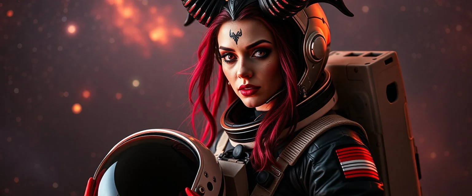 portrait of space vampire astronaut, sexy one, holding her helmet in lap, goa trance halloween glam rock soul opera, explorer new frontier, meeting with two new races beyond our star system