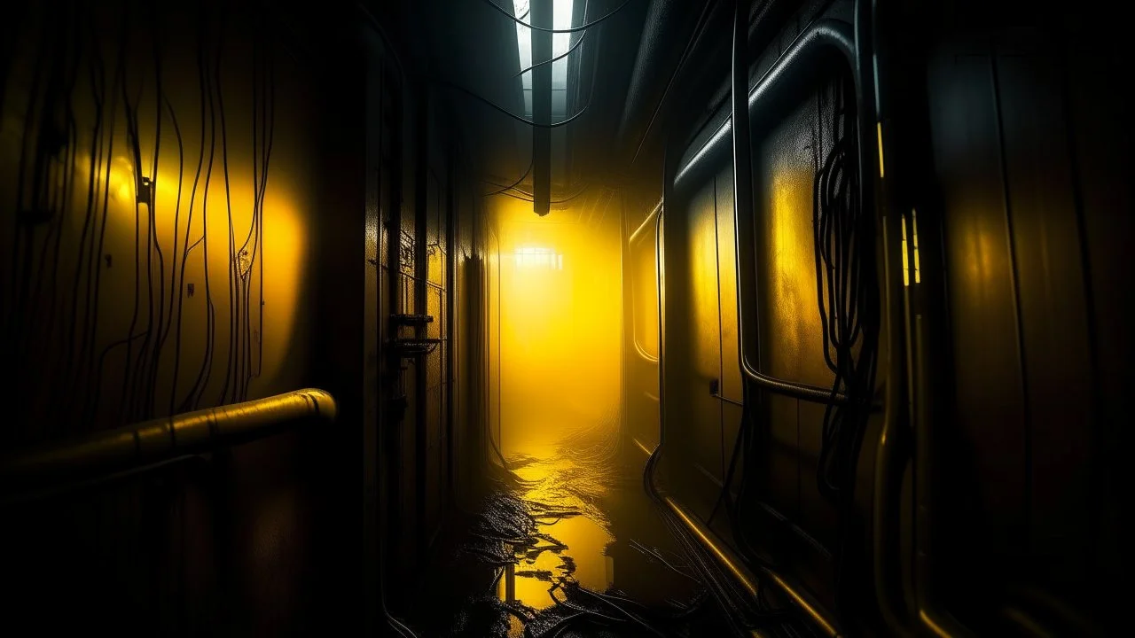 dark and mysterious, Smell of sewer and rotten metal gassy yellow glares..., volumetric lighting,dimensional 3D illumination, dark shadows and fog, blurred, neo-expressionism