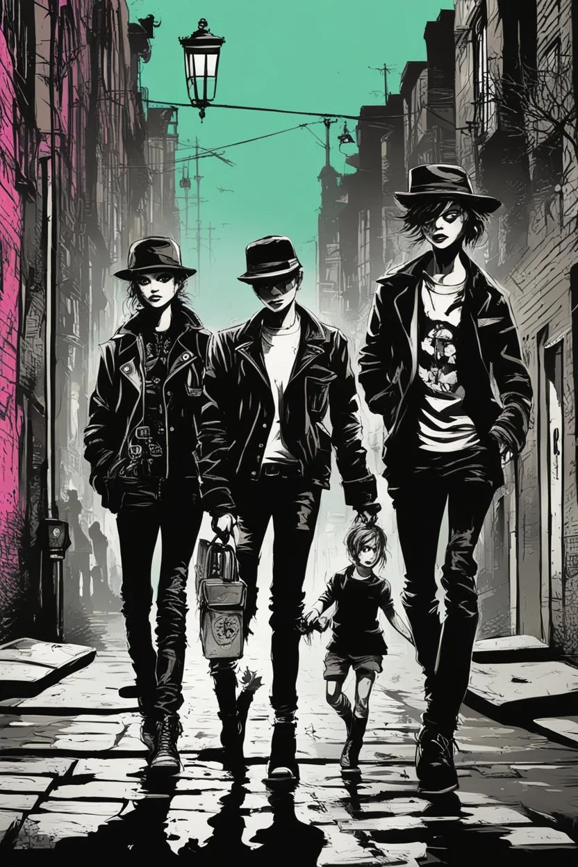 Design a detective book cover for teenagers. A teenage punk girl in the centre, one boy on her left, and one on her right are on the town street. Black cat. Banksy style, pop art style, mysterious atmosphere