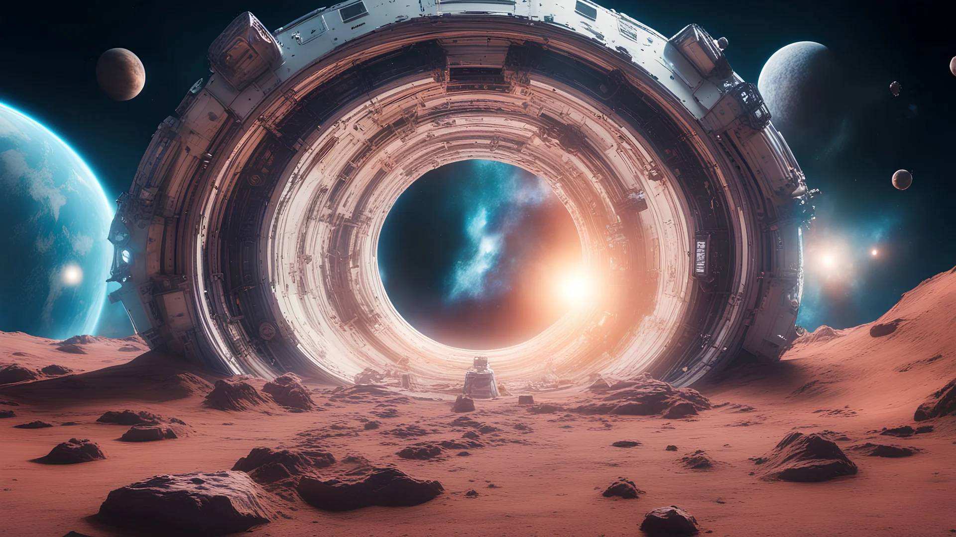 Astronaut cosmonaut discovery of new worlds of galaxies panorama, fantasy portal to far universe. Astronaut space exploration, gateway to another universe. 3d render