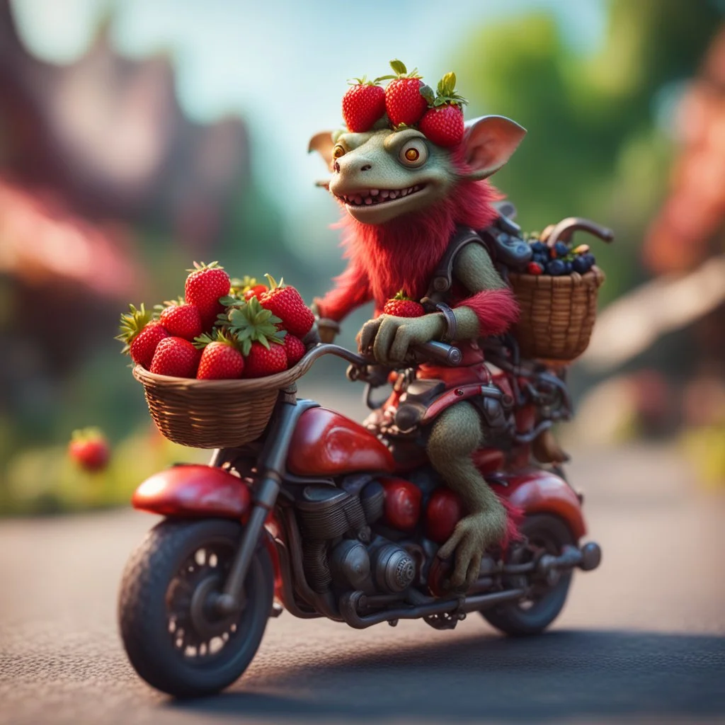 hairy heavy metal kobold strawberry beast hippie on motorbike with long eyebrows holding a basket of berries,bokeh like f/0.8, tilt-shift lens 8k, high detail, smooth render, down-light, unreal engine