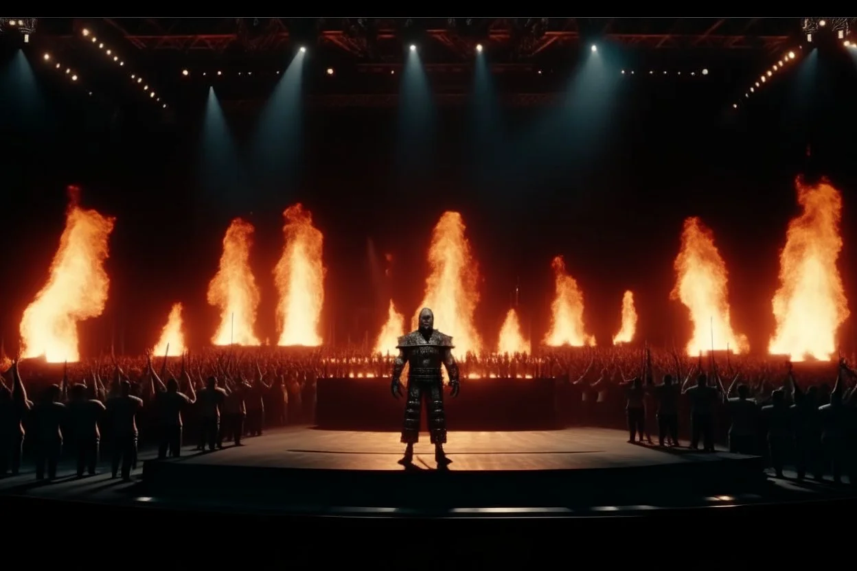 4K full realistic, full lights, crowd at a rammstein concert, a king with a crown is on stage, front, arms spread and on fire, flames everywhere.