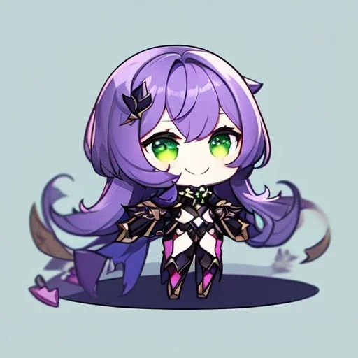 Clear focus,High resolution,High quality, Smiling, Purple long fluffy hair, Green eyes, Wearing a pink mech uniform, Honkai Impact Star Rail, Chibi