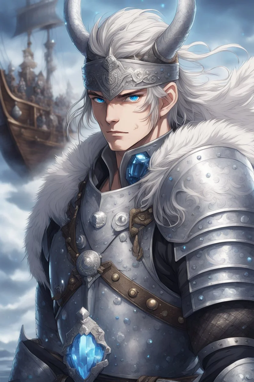 1man warrior in anime style, with blue eyes wearing silver Vikings armor with a blue crystal on his chest with a battle axe on the pirate ship, anime, anime style