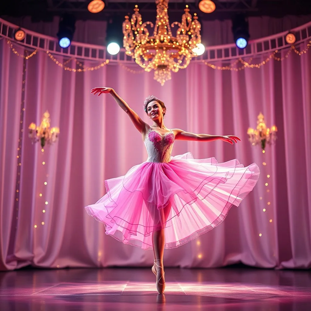create of a beautiful balerina in pretty clothing in a modern cifi stage in her performance cinamatic lights .