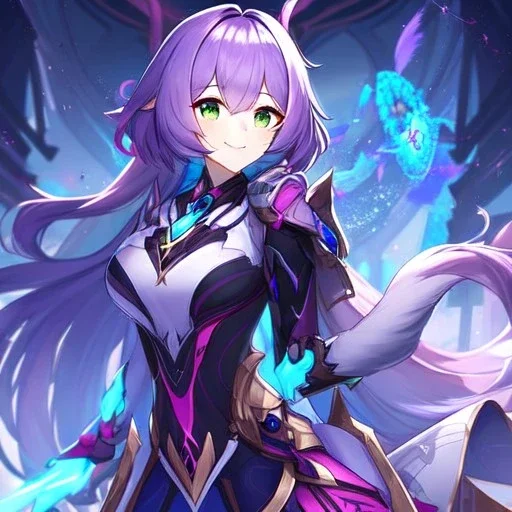 Clear focus,High resolution,High quality, Smiling, Purple long fluffy hair, Green eyes, Wearing a pink mech uniform, Honkai Impact Star Rail, Magical Scenery