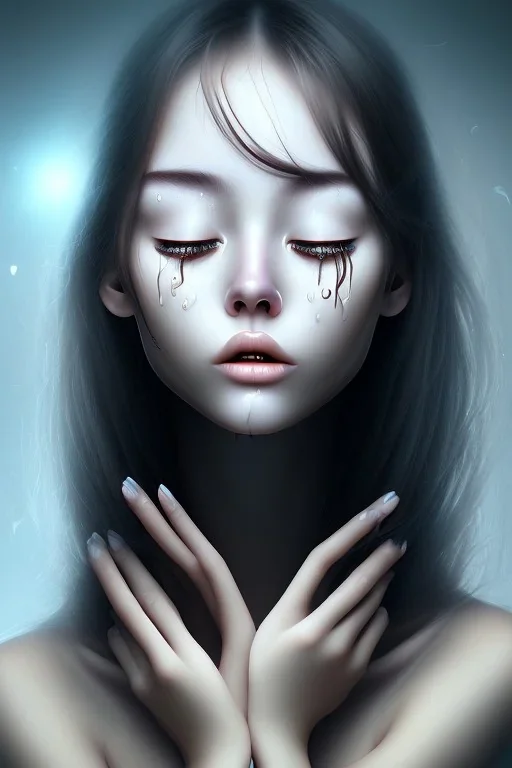 Crying girl, tears, eyes closed