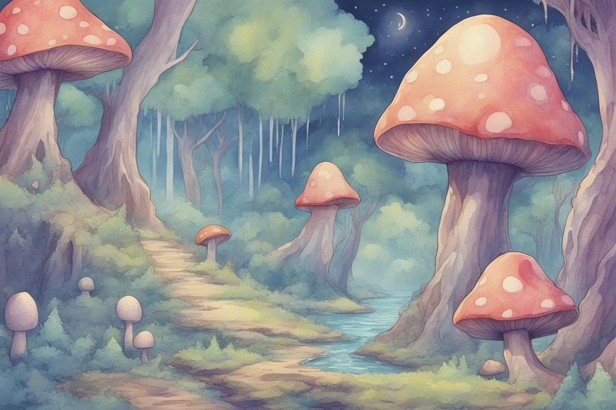 water color style for teenagers in other planet adventure mystery weird cretures trees and mushrooms exiting colorful