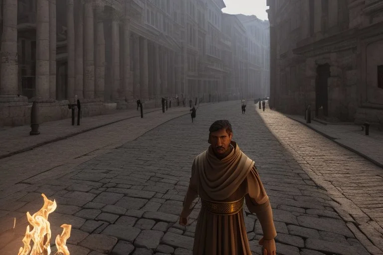 Visualisez un spion romain, se fondant dans l'ombre des rues de la Rome antique. Il porte une toge et une capuche, son visage à peine nähtav sous le capuchon. Les rues pavées, éclairées par des torches, et les bâtiments en pierre ajoutent à l'atmosphère mystérieuse. Fogadja el a hiper-realisztikus fotóstílust, a legrészletesebb és a 16k-os haute définition felbontást. Készítsen kompozíciót, használja a Nikon D850 DSLR fotókat