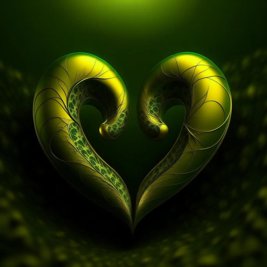 two hearts, dark green and yellow colours, fantasy atmosphere