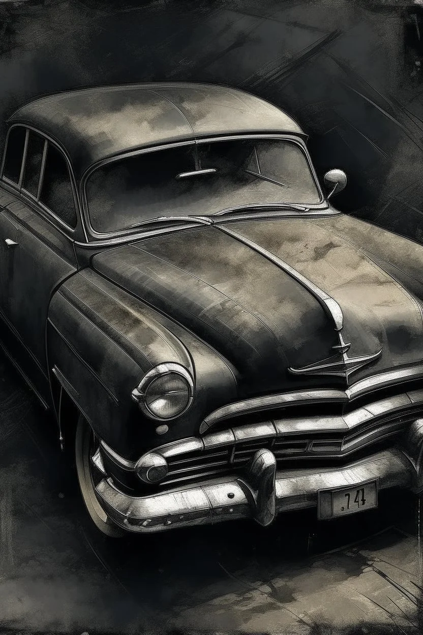 An old car , Hyper Realistic Aerial Grungy Dark-Grey Brush strokes on a dark rustic background with charcoals