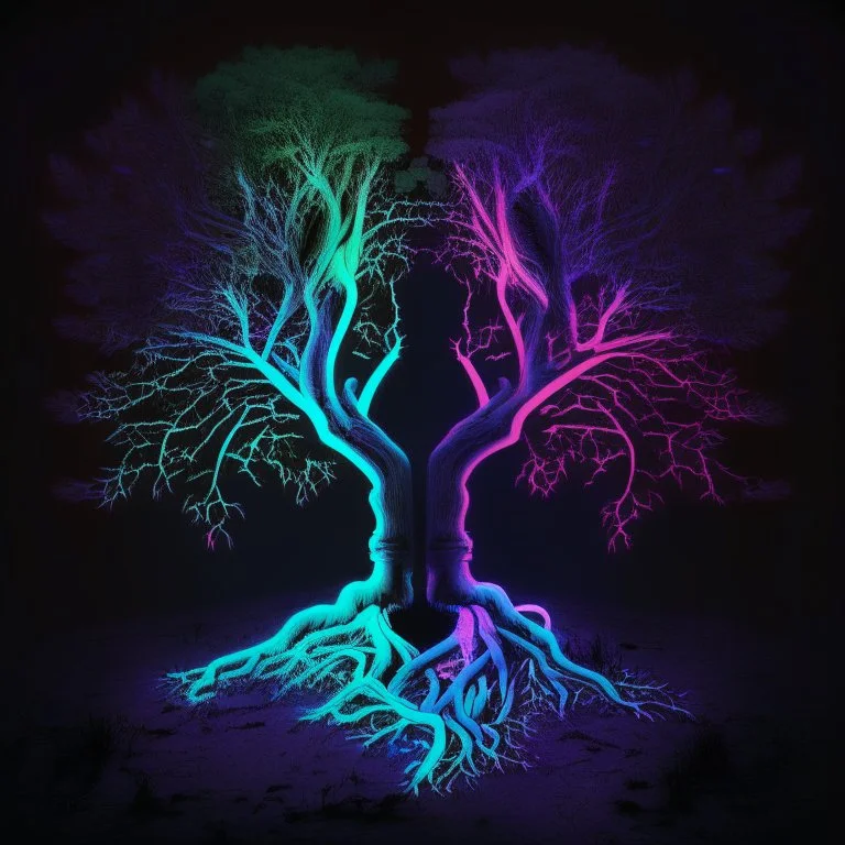 two trees with roots connected dark neon