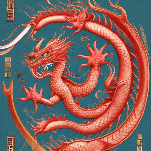 This Chinese Dragon has no horns. Its neck is very short; Its snout is vertically short, thin, long, and beak like. Its teeth are bent outwards. It has curved claws, quills, and spotted scales. Its tail is very long and thin.