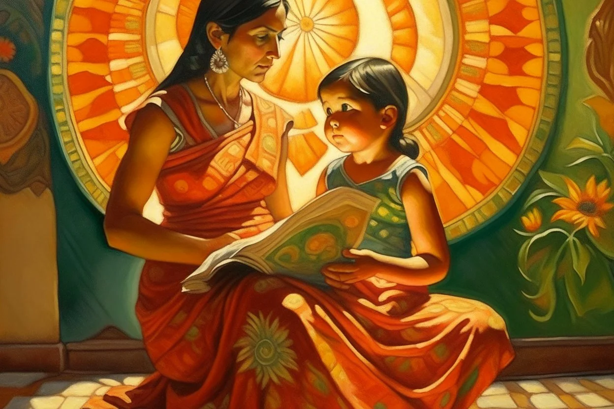 mexican woman and child mother looking at child painting neoclassism whole body zoom the sun