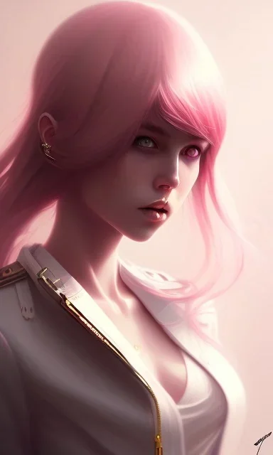 girl, cute, beautiful, pink hair, brown eyes, long hair, bangs, knife in hand, blood on face, by Greg Rutkowski, big boobs, blazer, skirt, yandere