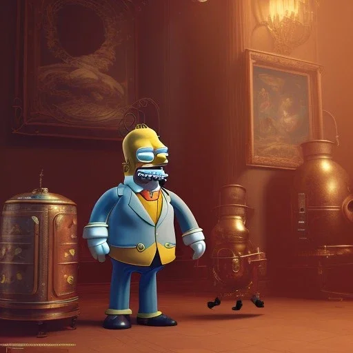 Full body, 3d render, homer simpson 1800's men style, 1800's hair style, 1800's men clothes style, robot, hyper realistic, octane render, unreal engine 5, 8k, palace background, uhd