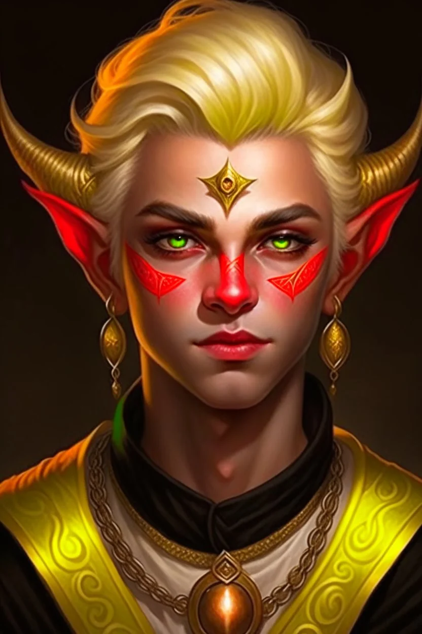 young man tiefling with white blonde hair and gold jewelry, wearing white and gold, demon eyes with no pupils