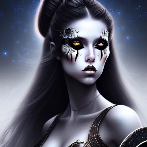 black long hair lady warrior top black eyes under the Stars