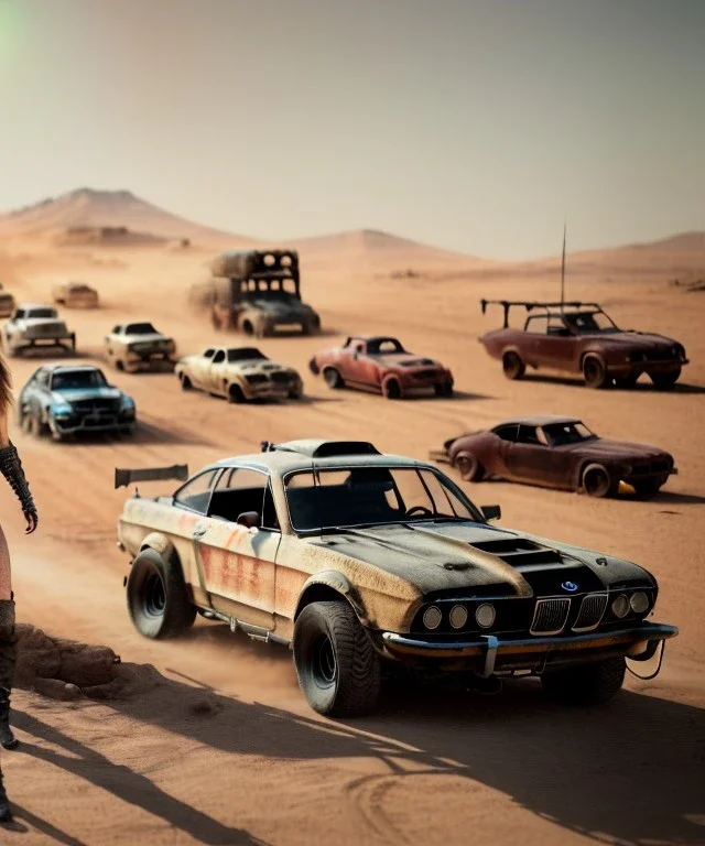 Realistic image. Mad max car. BMW 4 series. woman in the foreground. 4k resolution, intricate details, ornate details, soft lighting, vibrant colors, mad max background