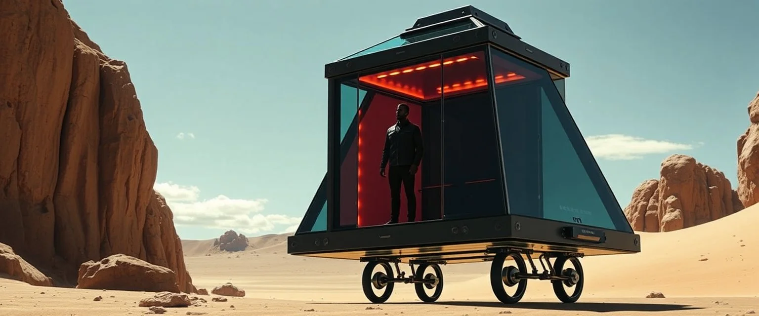 guy standing inside futuristic scifi glass totem pyramid coffin on wheels