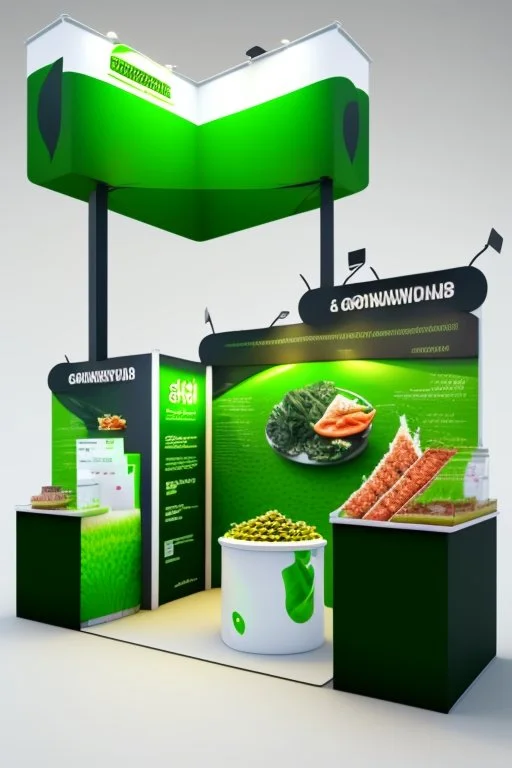 Corner green exhibition stand of a food company with product displays and a meeting area