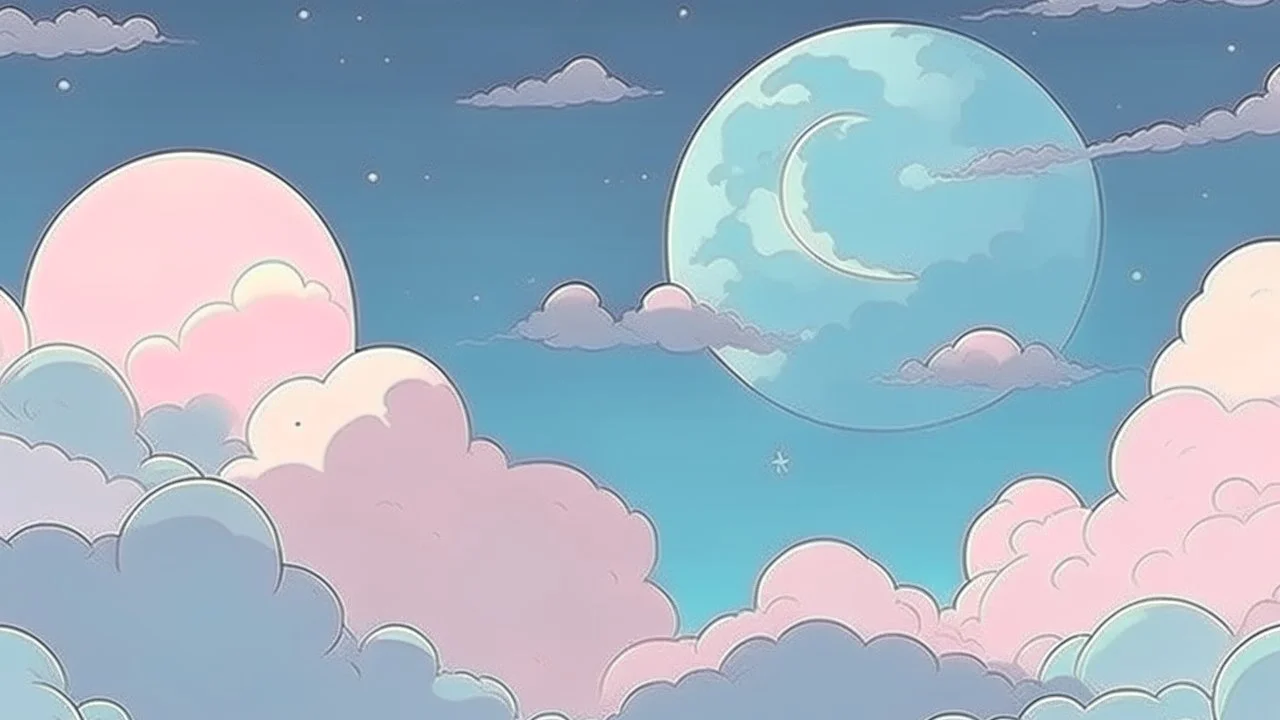 night sky with moon and clouds, in the style of pastel, anime aesthetic