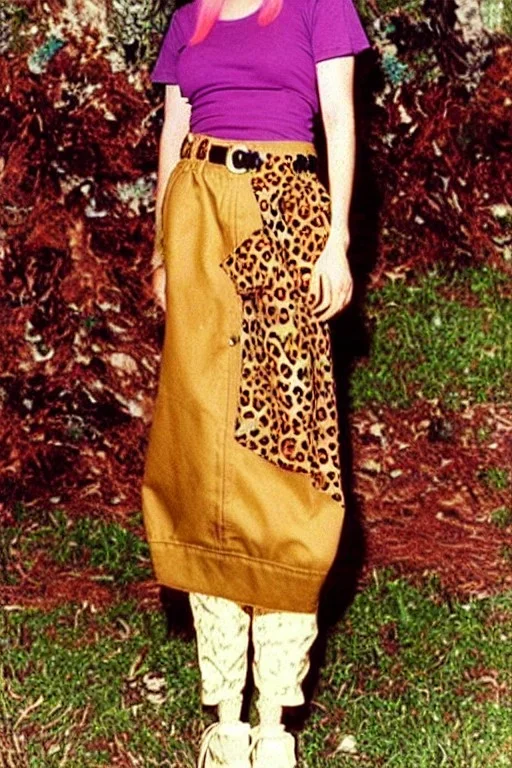 year 1996 denim fashion. Loose skirt, low waist. Combat pants and t-shirt. Colors: denim blue, blue, purple, cream, khaki, light green, lilac, plum, orange, terracotta, red, light yellow, pink, dark blue, beige. Latex in small part. Cheetah pattern. Gwen Stephani, Shirley Manson.Cargo pants