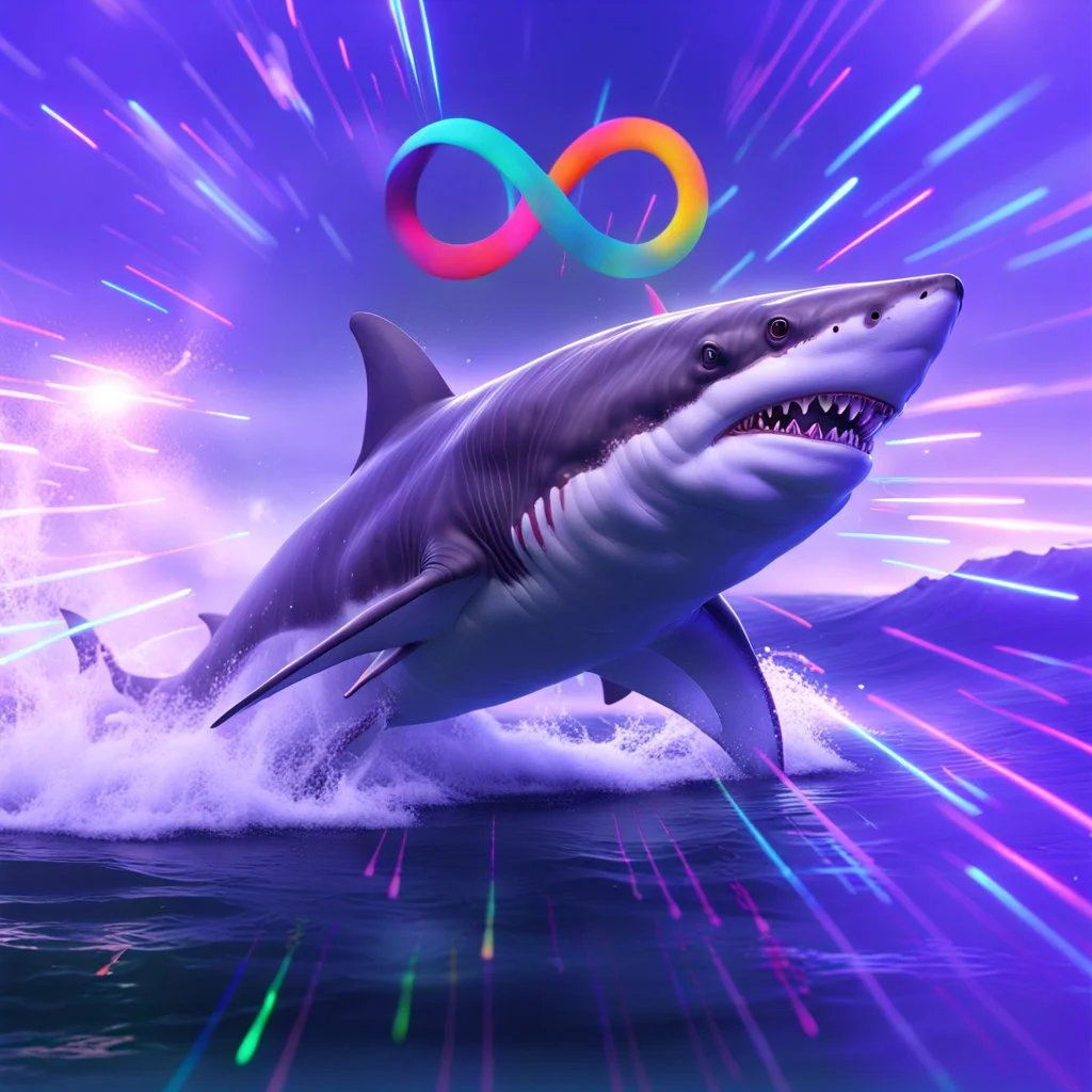 infinity symbol ∞ with vibrant powerful shark jumping out of the sea, striking, neon, chiaroscuro, dramatic, captivating, powerful, fantasy, beautiful, octane render, 16k post-production, artstation: award-winning: atmospheric: commanding: fantastical: clarity: ultra quality: striking: brilliance: stunning colors: amazing depth; lens: f/11, 35mm