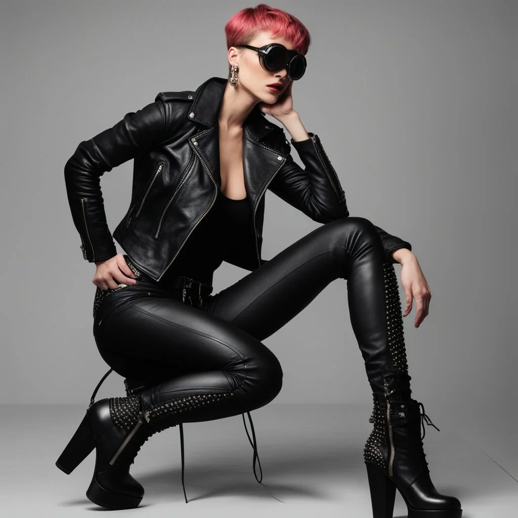 full body portrait -- an absolutely stacked female strawberry with pixie-cut hair, a perfect hourglass figure, perfect face, wearing a studded, black leather biker's jacket and pants with 12-inch platform boots and goggles,