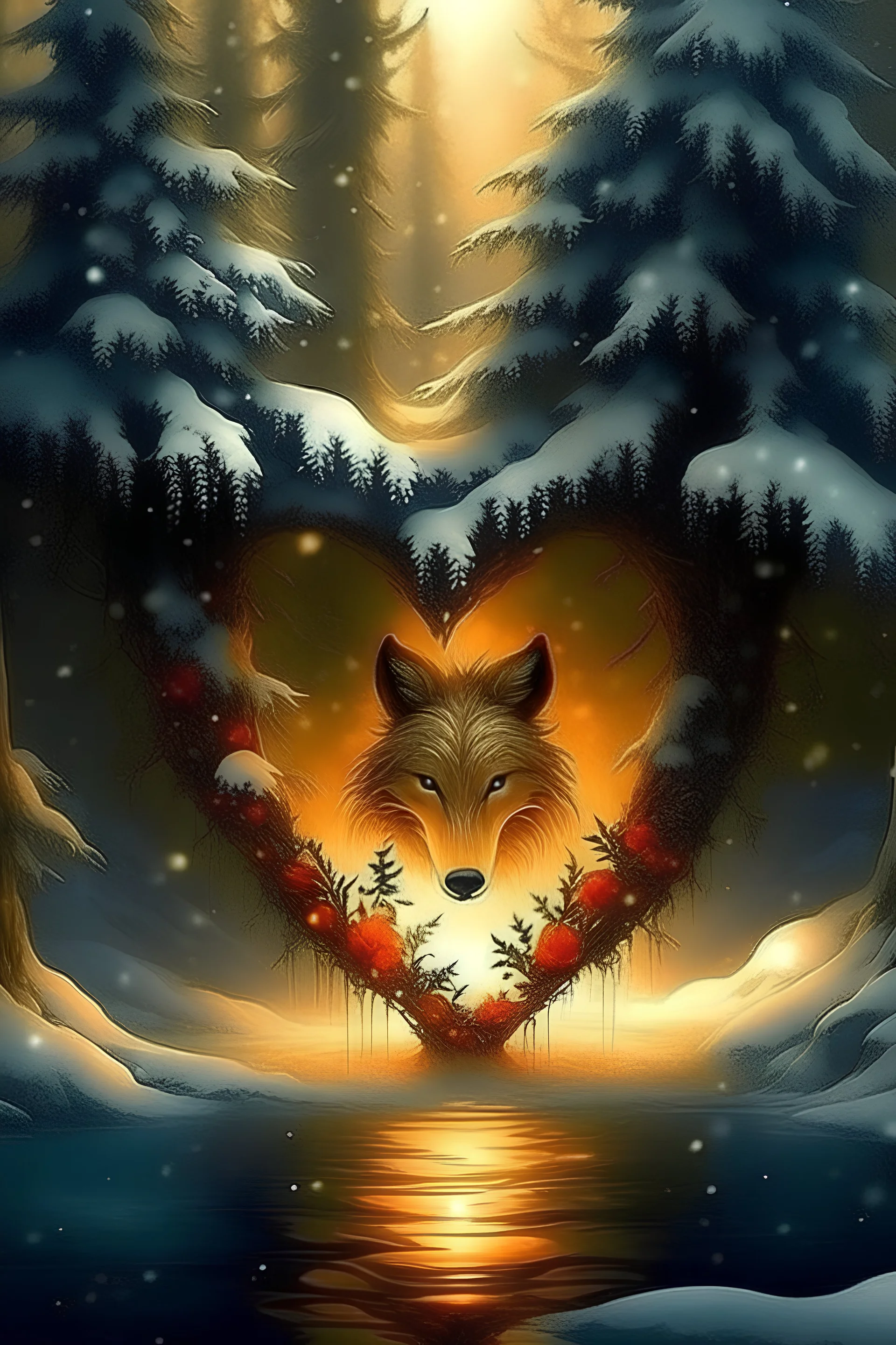 Real amazing Christmas Tree heart background fairytale forest water heart fire great majestic true wolf