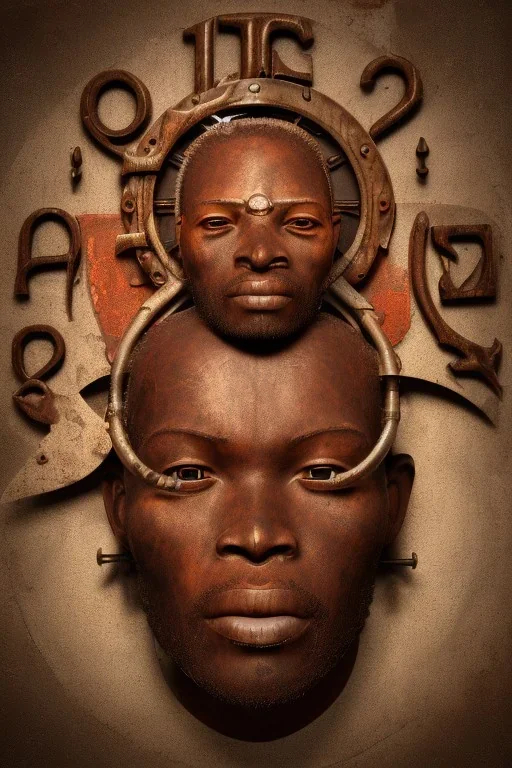 african portrait in rusted clocks, clock face, rust, scaffolding, ghana colours, cyberpunk, high detail