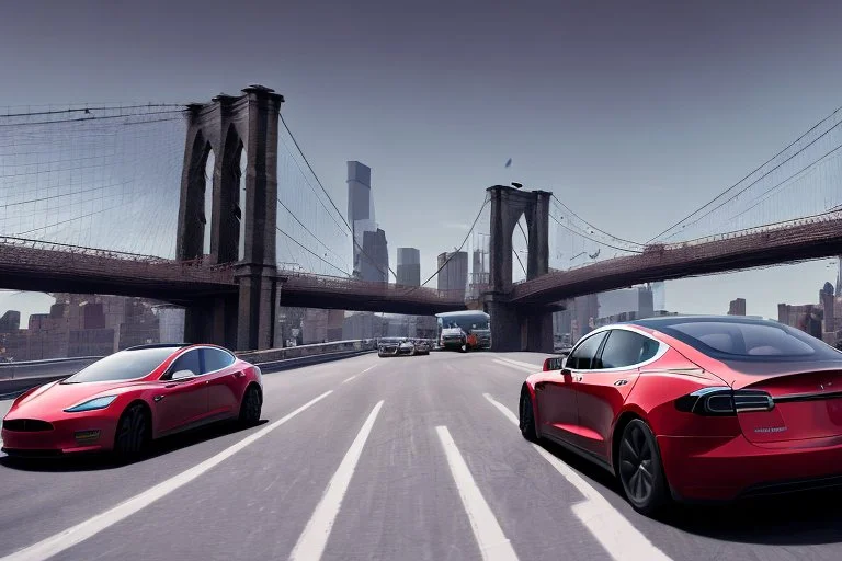 A Tesla's 'Model S' is racing at top speed, on the 'Brooklyn Bridge' in New York. CINEMATIC. WIDE ANGLE LENS. PHOTO REAL.