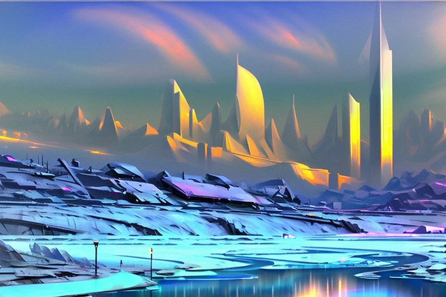 Science fiction city near frozen lake, impressionism painting