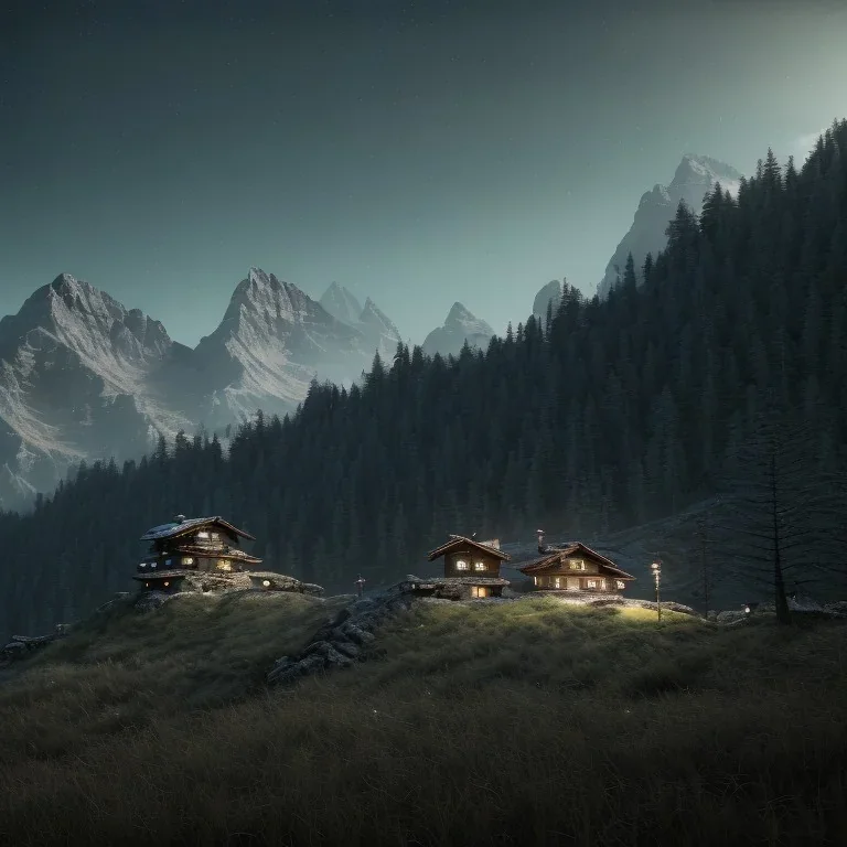 Five hunting people, sense of fear, mountain hut in the background, Alps, night sky, 8k, HD, cinematography, photorealistic, Cinematic, Color Grading, Ultra-Wide Angle, Depth of Field, hyper-detailed, beautifully color-coded, insane details, intricate details, beautifully color graded, Cinematic, Color Grading, Editorial Photography, Depth of Field, DOF, Tilt Blur, White Balance, 32k, Super-Resolution, Megapixel, ProPhoto RGB, VR, Halfrear Lighting, Backlight, Natural Lighting, Incandes