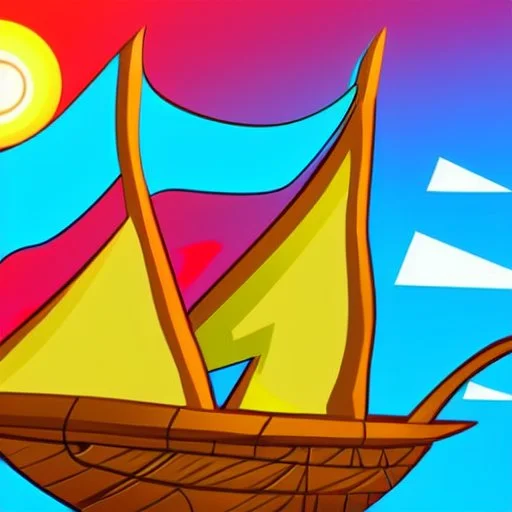 Legend Of Zelda: Wind Waker style Small wooden ship, with bright sails, on a vast ocean, stylized, celshaded, colorful, adventurous, frontal view, full view.