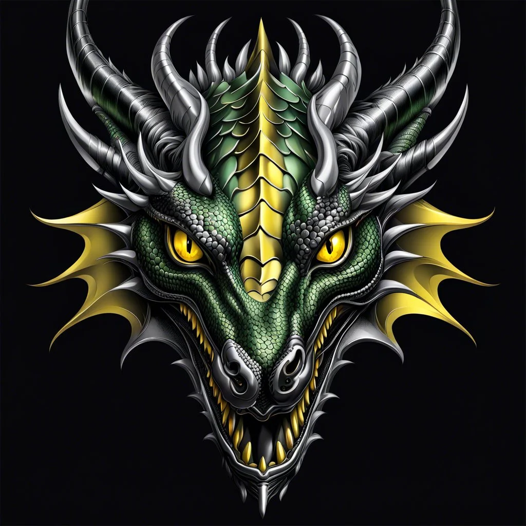 stunning metallic shiny silver-green dragon head with yellow eyes on black background, dragon looking the camera, dark fantasy, vector illustration, 2d , centered, high detalied, professional, line art, vector graphics, dark mood, hyper realistic, deep colors, cinematic