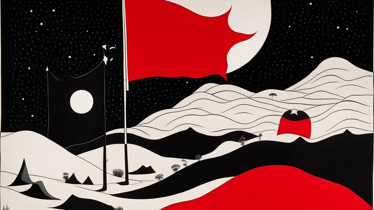 An abstract illustration by Malevich and Kuniyoshi of a black and white desert landscape with a minimalist red pirate flag.