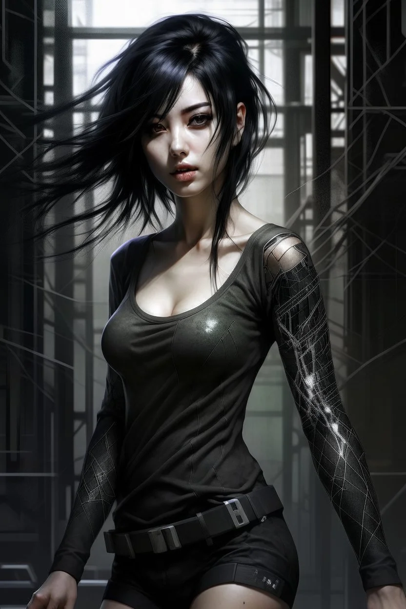 pretty girl, aged 15, black hair, dystopia, athletic, digital art, black bodysuit