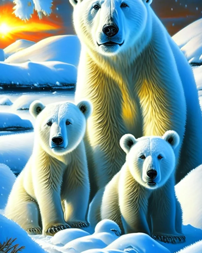 Oso polar con sus cachorros en la nieve obra de arte pintura al óleo colores contrastantes nítido impactante hiperdetallado sombras 3D hiperrealista coherente clima soleado nubes iluminación cinematografica 8k