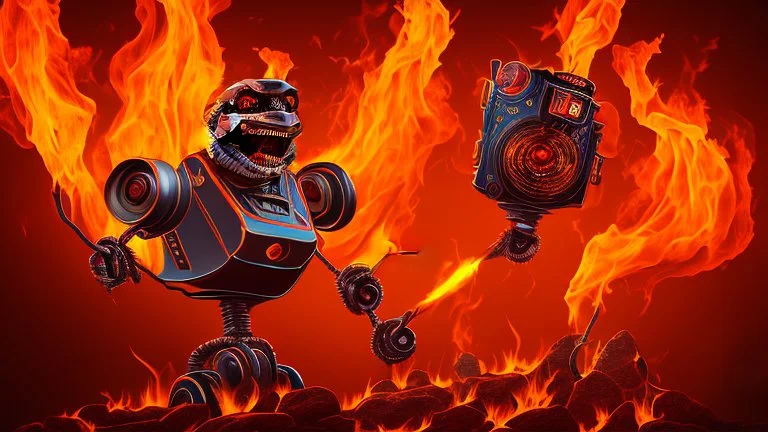 Portrait of a hard rock robot fan surrounded by flames reminiscent of hell.