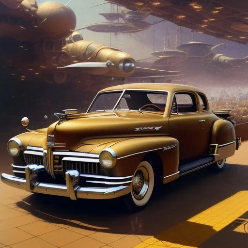 hyperrealism Drawing of '1948 Tucker Torpedo' three quarter frontal aerial view, by gaston bussiere, greg rutkowski, yoji shinkawa, yoshitaka amano, tsutomu nihei, donato giancola, tim hildebrandt,oil on canvas, cinematic composition,Sharp detail,extreme detail,fit full head inside picture,16k