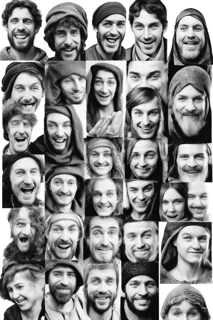 diferent medieval faces of diferent medieval people with diferent expressions, some dramatic, somo happy. the style is minimal black and white stamp. in the sheet there are more than 5. very diverse court memebers and everyday people. man, woman, kids. white background