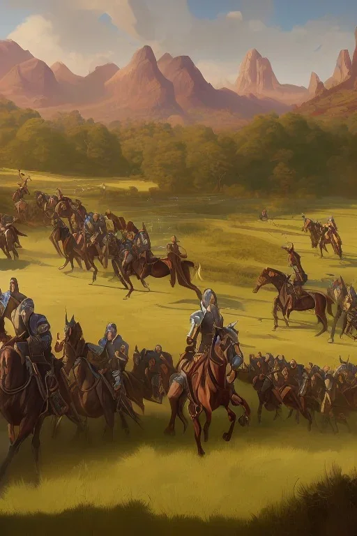 detailed oil painting, renaissance style, of mounted knights galloping across an open field, swords in hand, mountains in distance