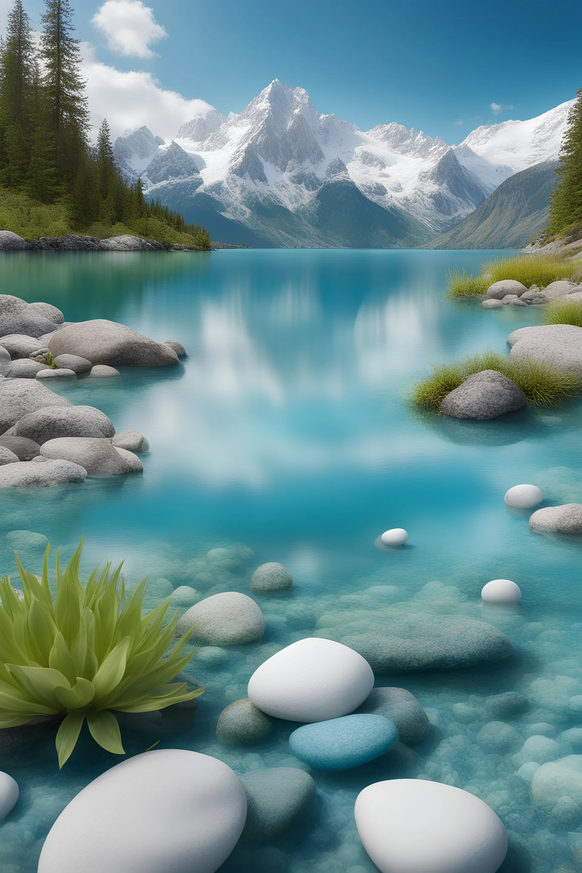 Turquoise clear lake water with blue and white semi-snowy mountain range on background, blue sky and white clouds, dreamy, sparkling foreground, stones, aquatic plants, clear and transparent, high definition, large aperture, clear front and back, photographic panorama, rich detail, brilliant colors, high resolution, 4K