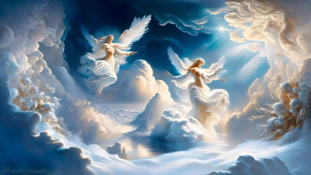 A majestic scene of angelic figures dancing gracefully in a heavenly landscape of snow and billowing clouds,in the Paradise Creation of Adam and Eve