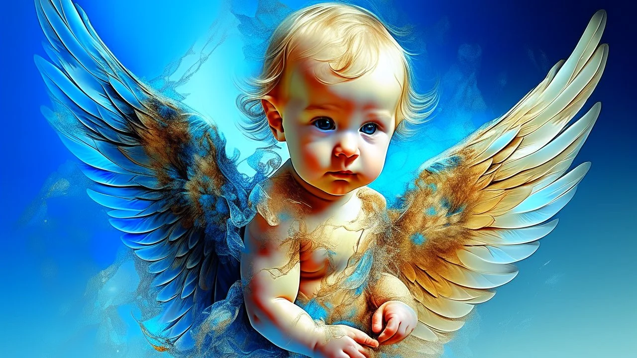 Beautiful baby angel, double exposure fantasy, blue, gold, glitter, fine detailing, hyperrealism, vibrant colors, photorealism, 3D, acrylic and watercolor elements, heart.