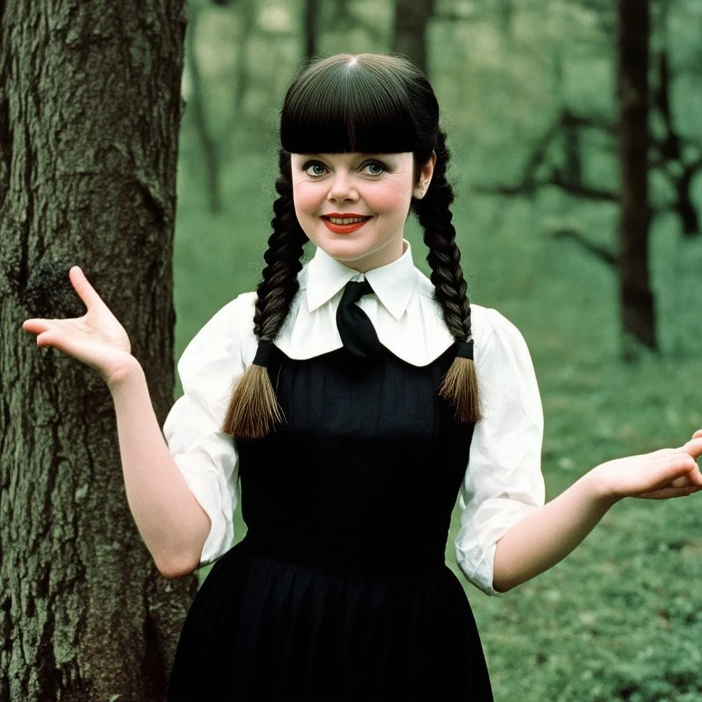 Young Actress judy garland as Wednesday addams, braids, bangs, in tge woods