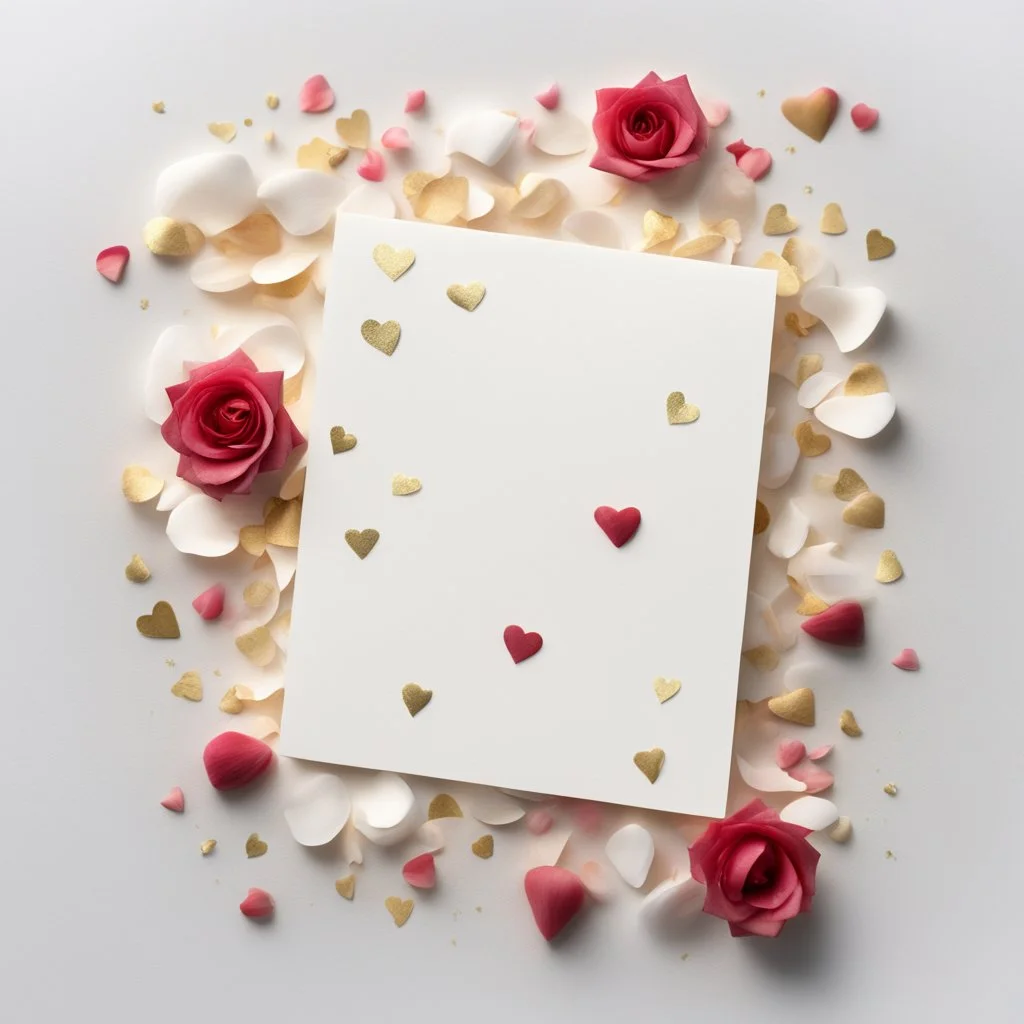 A photo of a white folded card, 5.5 by 4.25 inches. The card is vertically positioned on a beautiful white surface, positioned between rose petals and litte golden hearts.