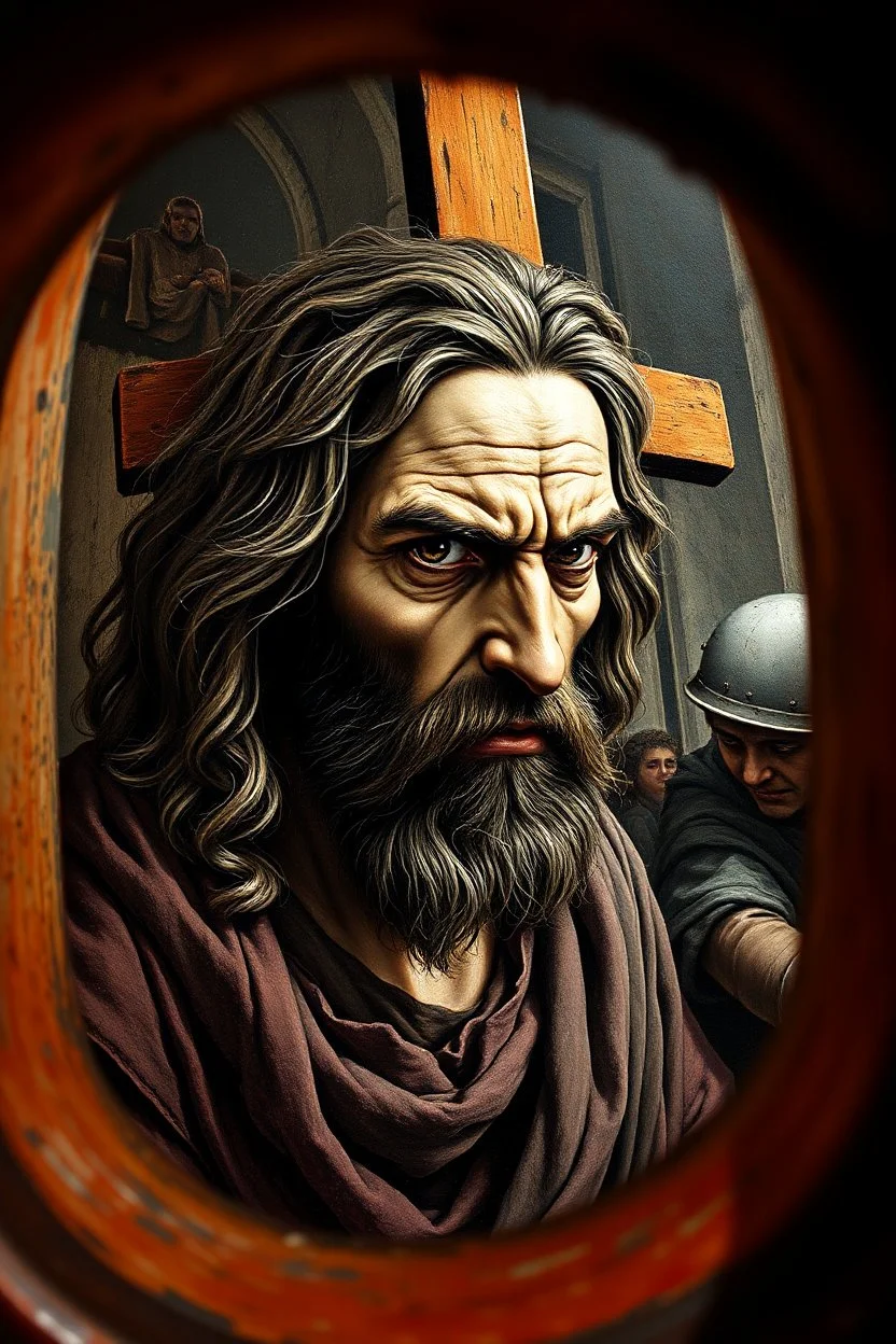 pin hole cam, master oil painting by Rembrandt, realistic rendering Portrait of the angry Jesus in the temple of thieves, airbrush and pen outline, in the style of Escher