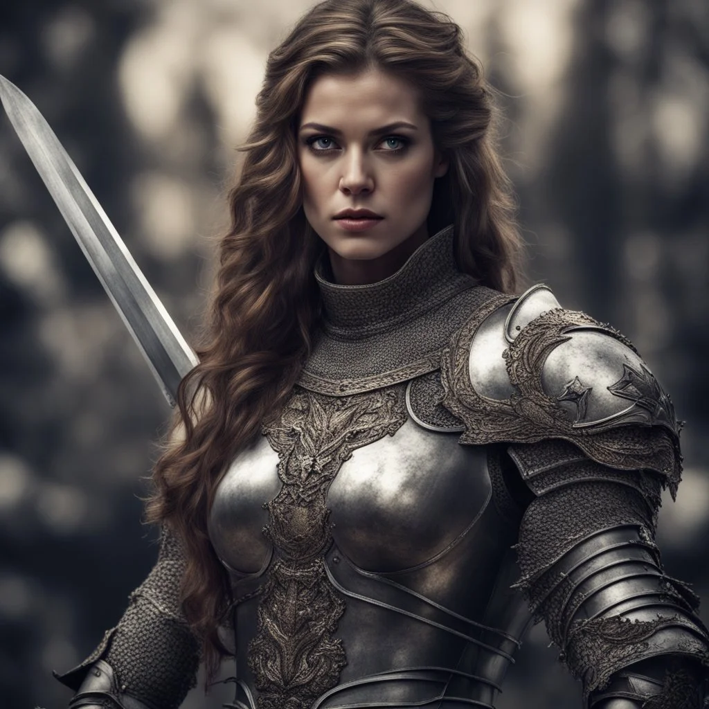 Behold the powerful alluring and pretty knight woman, her body adorned with the traditional knight armor, HDR, beautifully shot, hyperrealistic, sharp focus, 64 megapixels, perfect composition, high contrast, cinematic, atmospheric, moody